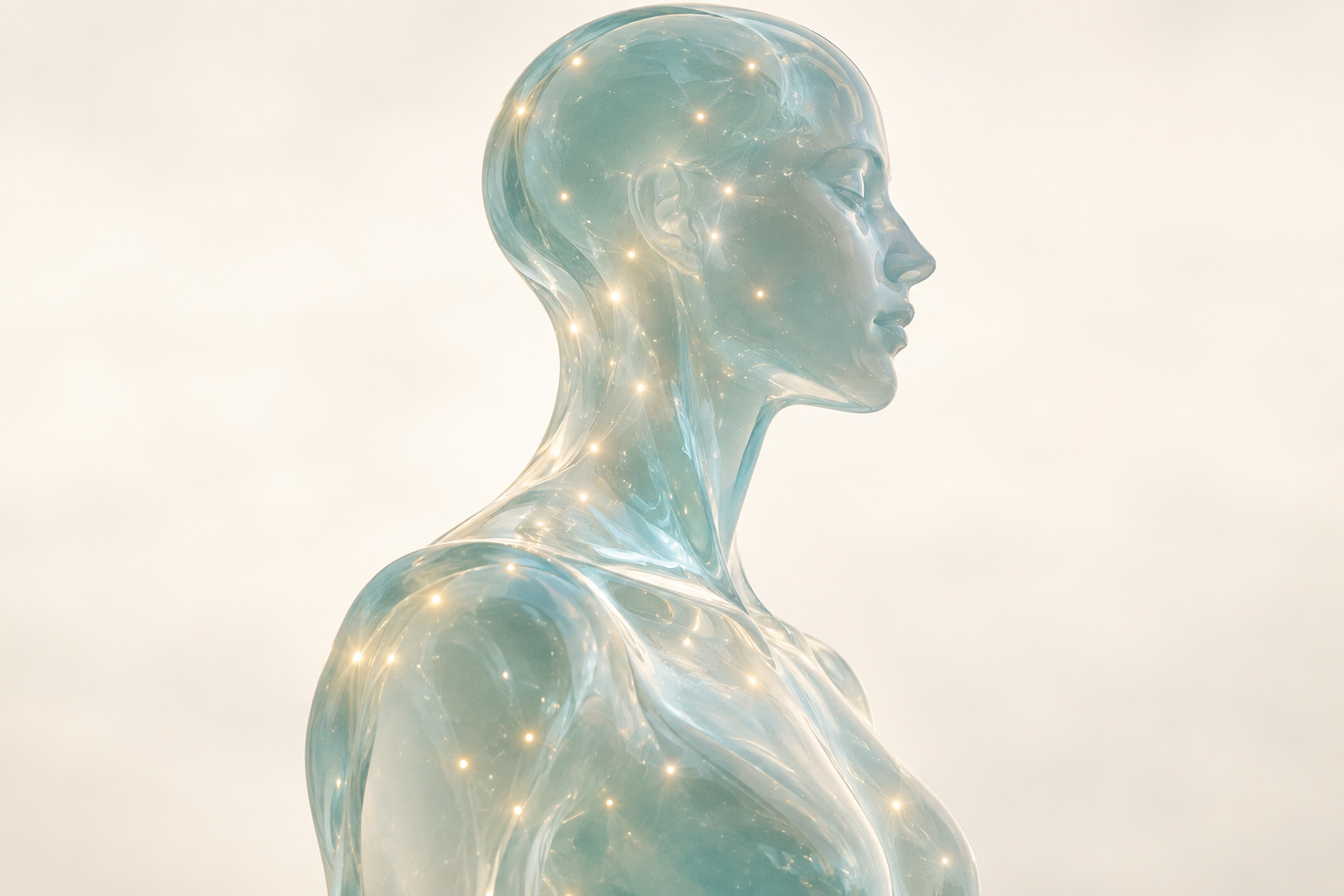 A translucent sculpture depicting light and the human body. It is not an actual acupoint map.